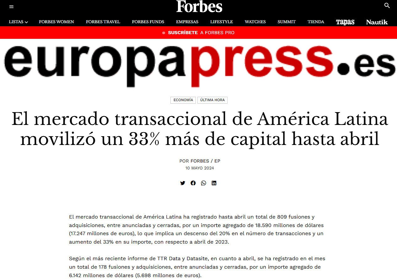 El mercado transaccional de Amrica Latina moviliz un 33% ms de capital hasta abril